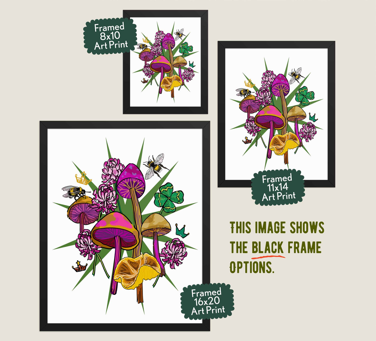 This image shows the three available sizes, which are 8x10, 11x14, and 16x20. This image shows them all in black wood frames.