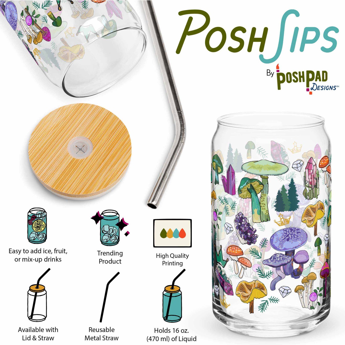 This infographic shows an angle of the glass with the lid and straw sitting beside it and a photo of the glass by itself. Product perks include a wide top that makes it easy to add ice and fruit, high-quality printing, an available option with a reusable metal straw and eco-friendly bamboo lid, and it holds 16 ounces of liquid.