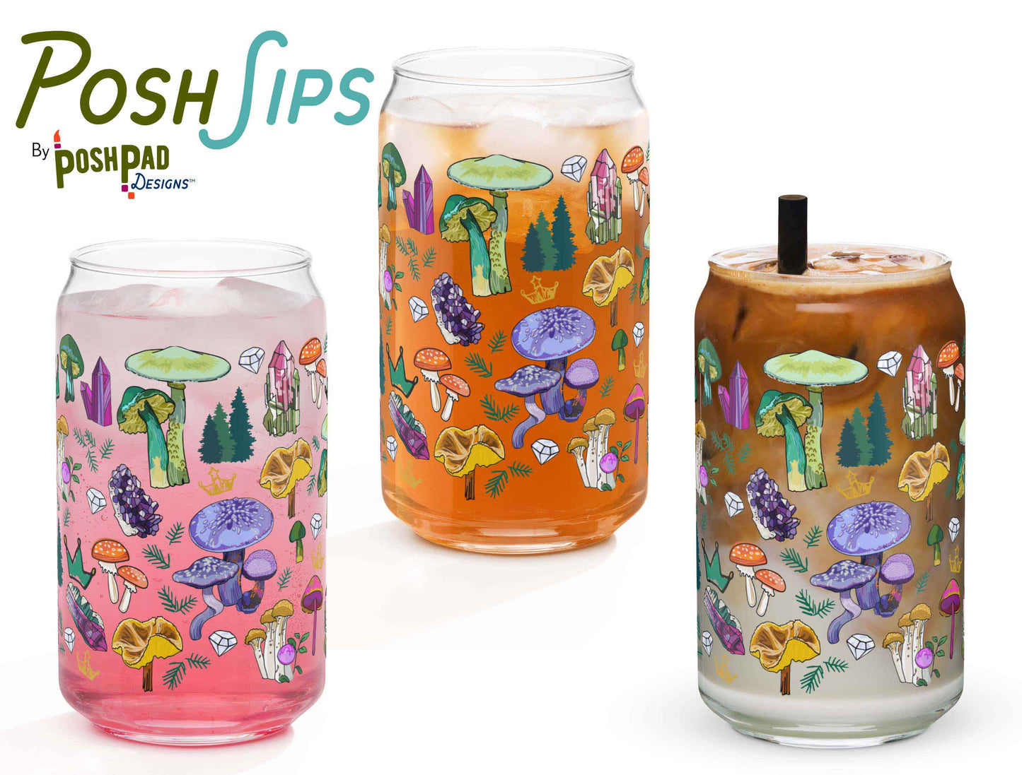 This image shows three glasses, each one with a different drink to show how the glass looks with differently colored liquid in it. There's a glass of pink drink, iced tea, and another with an iced latte.