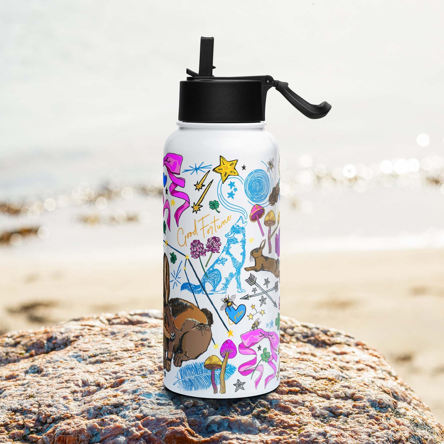 Front of the Orion Stars & Rabbit Insulated Water Bottle Straw Lid | Good Luck Charms, Bows, Crystals, Mushrooms | Outdoorsy Girl Gift