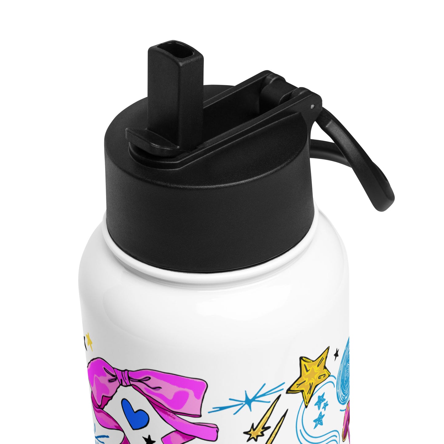 This is a close-up image of the black lid that shows the adjustable handle and the pop-up straw.