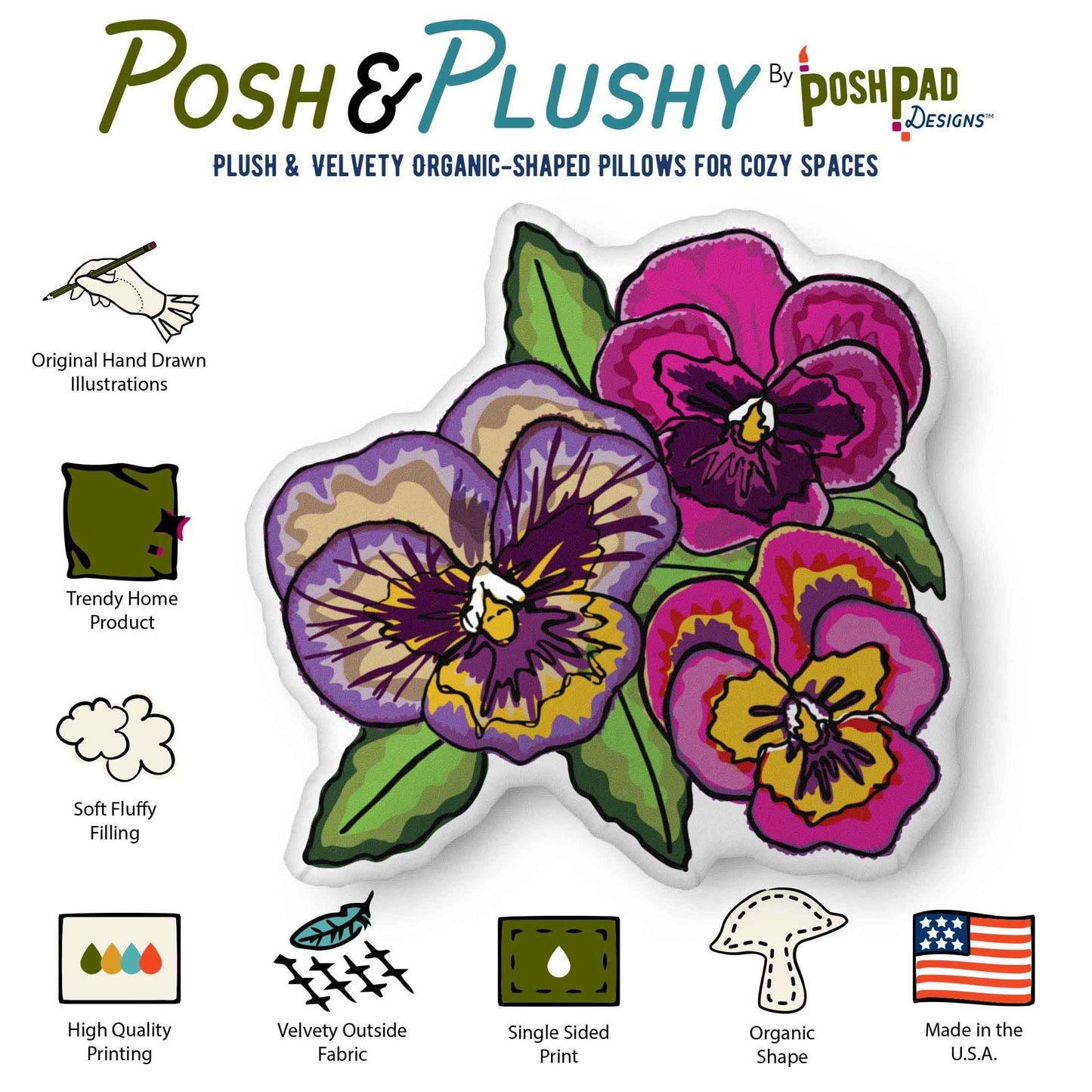 This is an infographic showing the pillow perks. Those perks include hand-drawn illustration, trending home product, soft fluffy filling, high-quality printing, velvety fabric, organic shape, and made in the U.S.A.