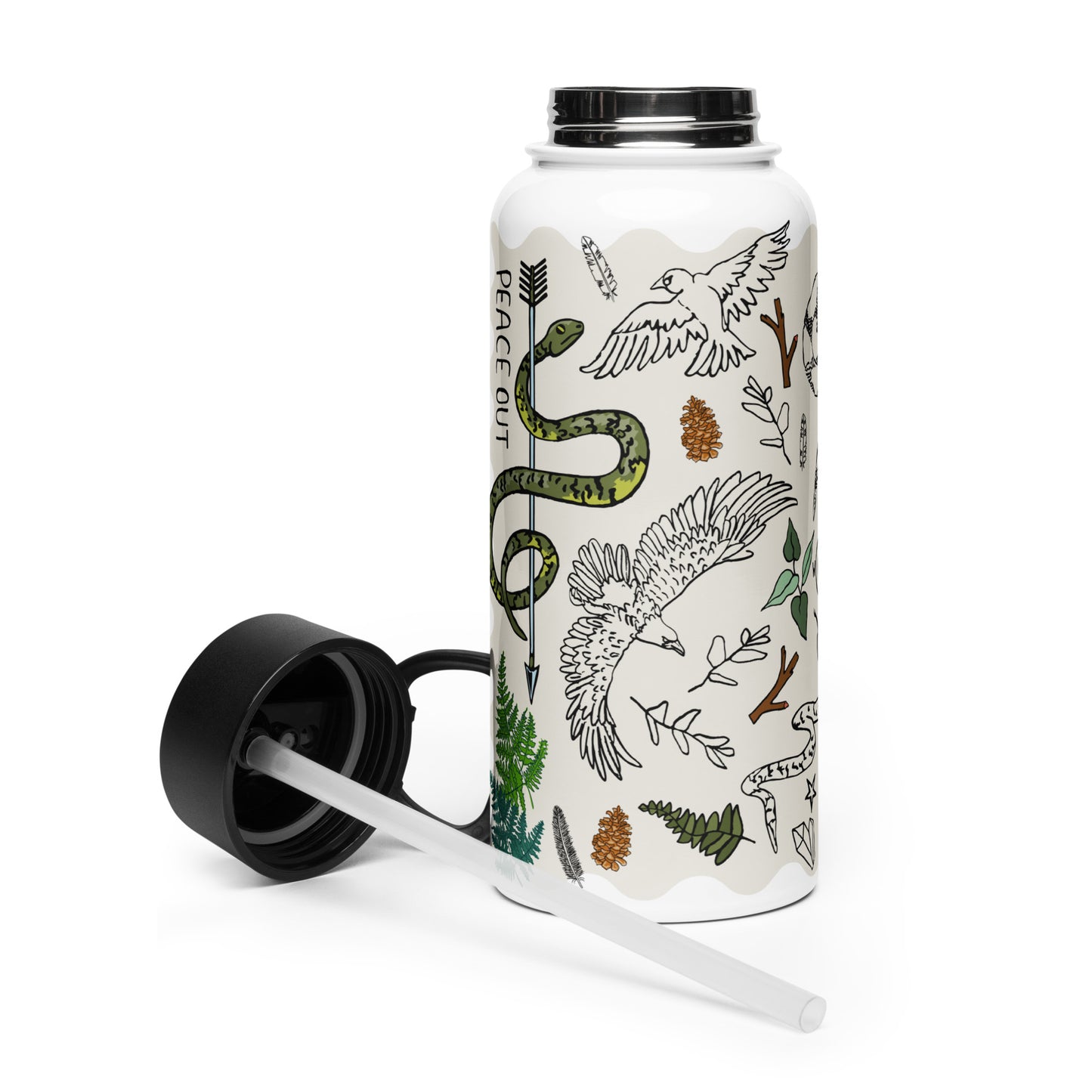 Peace Out in the Woods insulated water bottle with the lid laying beside it. This shows the straw, which is removable.