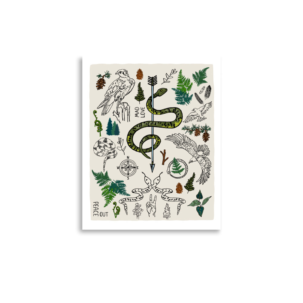 11x14 Peace Out in the Woods art print poster. The artwork has illustrations of eagles, snakes, ferns, a north star compass, pinecones, pine trees, an arrow, feathers, a peace sign, and forest icons.