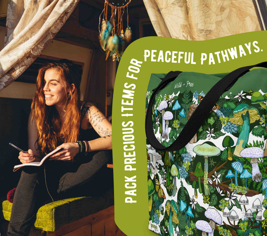 This photo shows a hippie girl in a van. The van is decked out for living. The woman is writing in a journal and sitting under a dreamcatcher. In the forefront there is a blue organic shape wrapped around a cutout image of the tote bag. Around the tote are the words "Pack precious items for peaceful pathways.