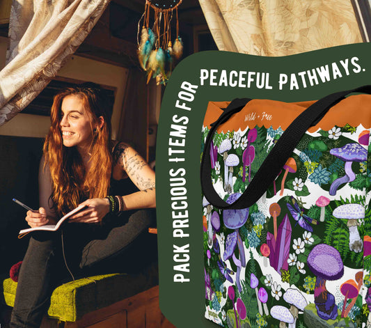 This photo shows a hippie girl in a van. The van is decked out for living. The woman is writing in a journal and sitting under a dreamcatcher. In the forefront there is a blue organic shape wrapped around a cutout image of the tote bag. Around the tote are the words "Pack precious items for peaceful pathways.