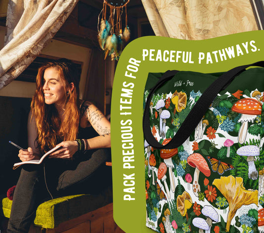 This photo shows a hippie girl in a van. The van is decked out for van living. The woman is writing in a journal and sitting under a dreamcatcher. In the forefront there is a blue organic shape wrapped around a cutout image of the tote bag. Around the tote are the words "Pack precious items for peaceful pathways".