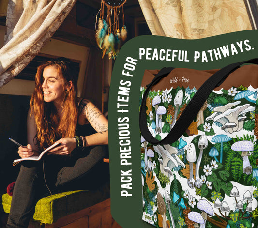 This photo shows a hippie girl in a van. The van is decked out for van living. The woman is writing in a journal and sitting under a dreamcatcher. In the forefront there is a blue organic shape wrapped around a cutout image of the tote bag. Around the tote are the words "Pack precious items for peaceful pathways".