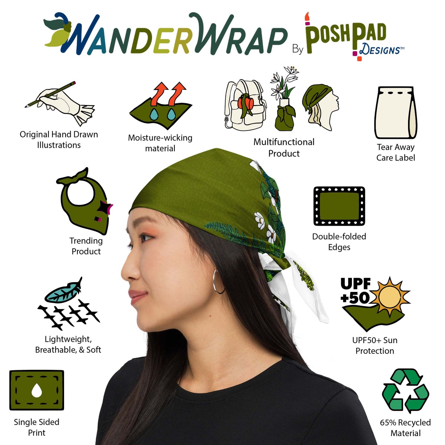 This is an image of illustrations showing features and a photo of a woman wearing the scarf bandana as a head wrap. Features include moisture-wicking recycled material, UPF sun protection, tear-away label, trending product, and double-folded edges.