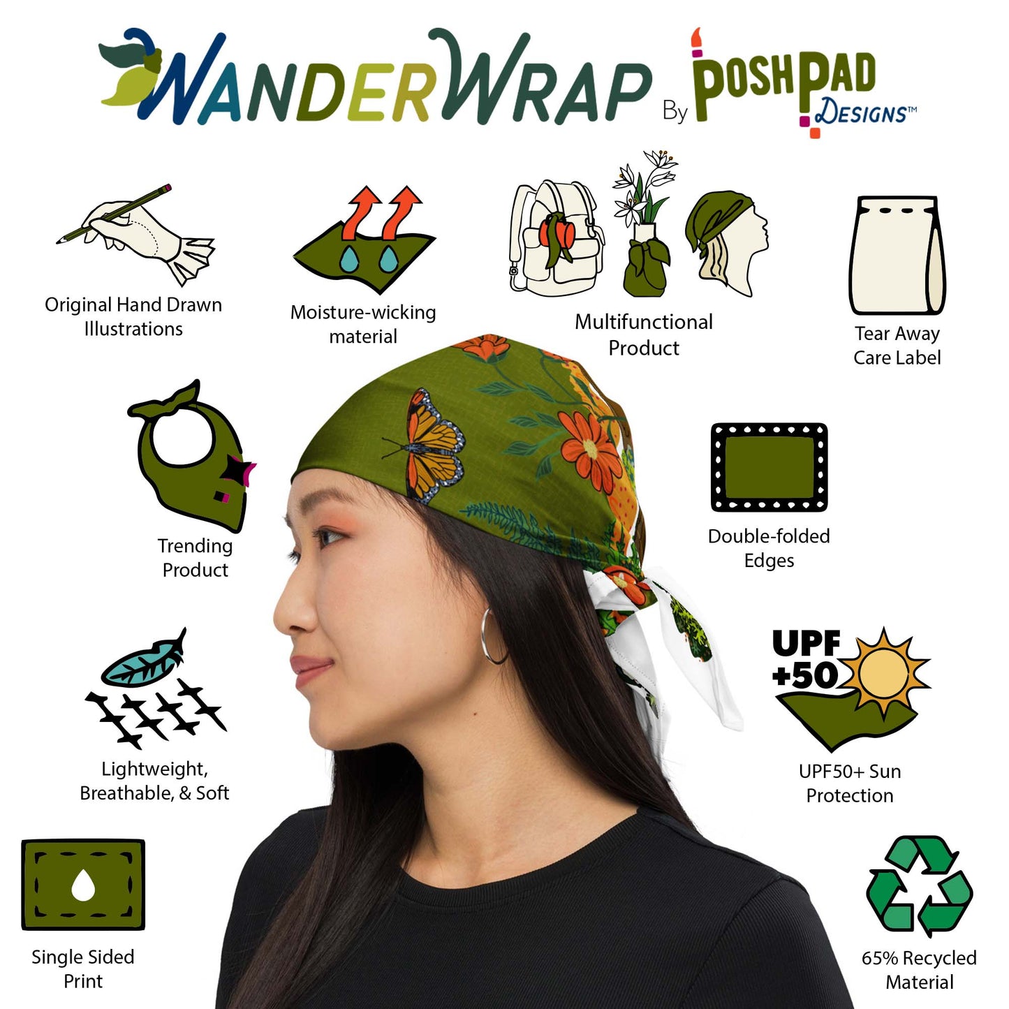 This is an image of illustrations showing features and a photo of a woman wearing the scarf bandana as a head wrap. Features include moisture-wicking recycled material, UPF sun protection, tear away label, trending product, and double-folded edges.