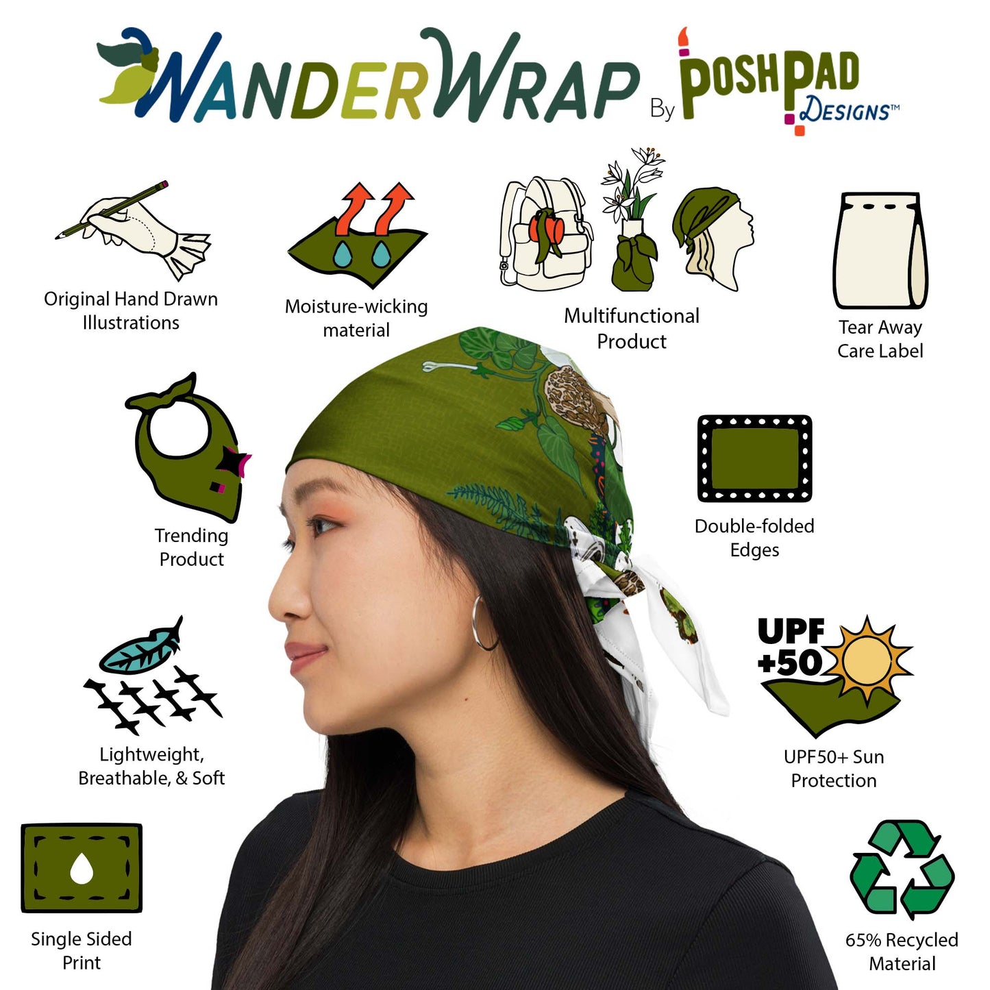This is an image of illustrations showing features and a photo of a woman wearing the scarf bandana as a head wrap. Features include moisture-wicking recycled material, UPF sun protection, tear away label, trending product, and double-folded edges.