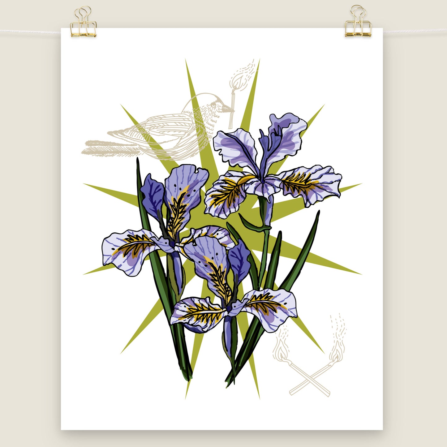 Purple Irises and Bird art print.