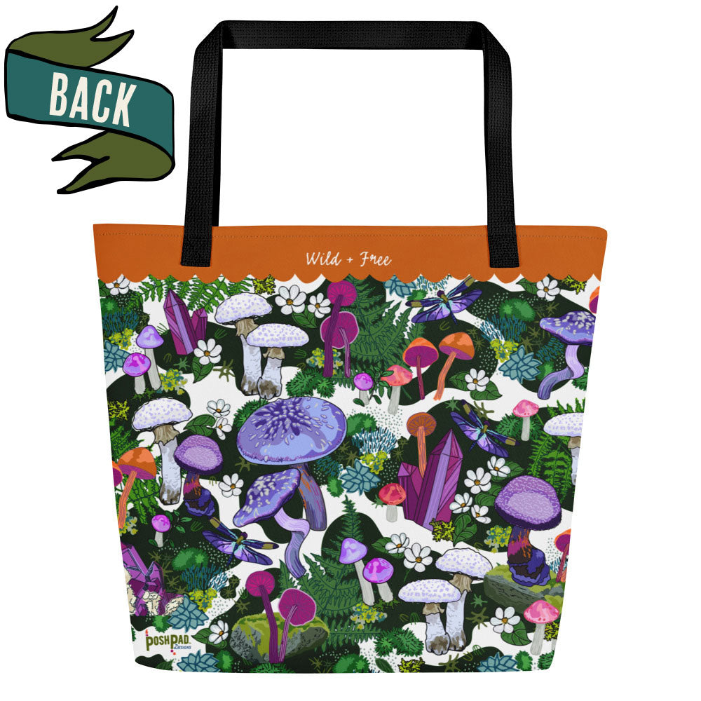 Back view of the Green Mushroom Tote Bag with Large Inside Pocket - Go & Gather Weekender Tote Bag | Outdoor Market Shopping | Forest Art Weekender | Carry-all for Picnics & Pet Gear | Reusable Fabric Bag
