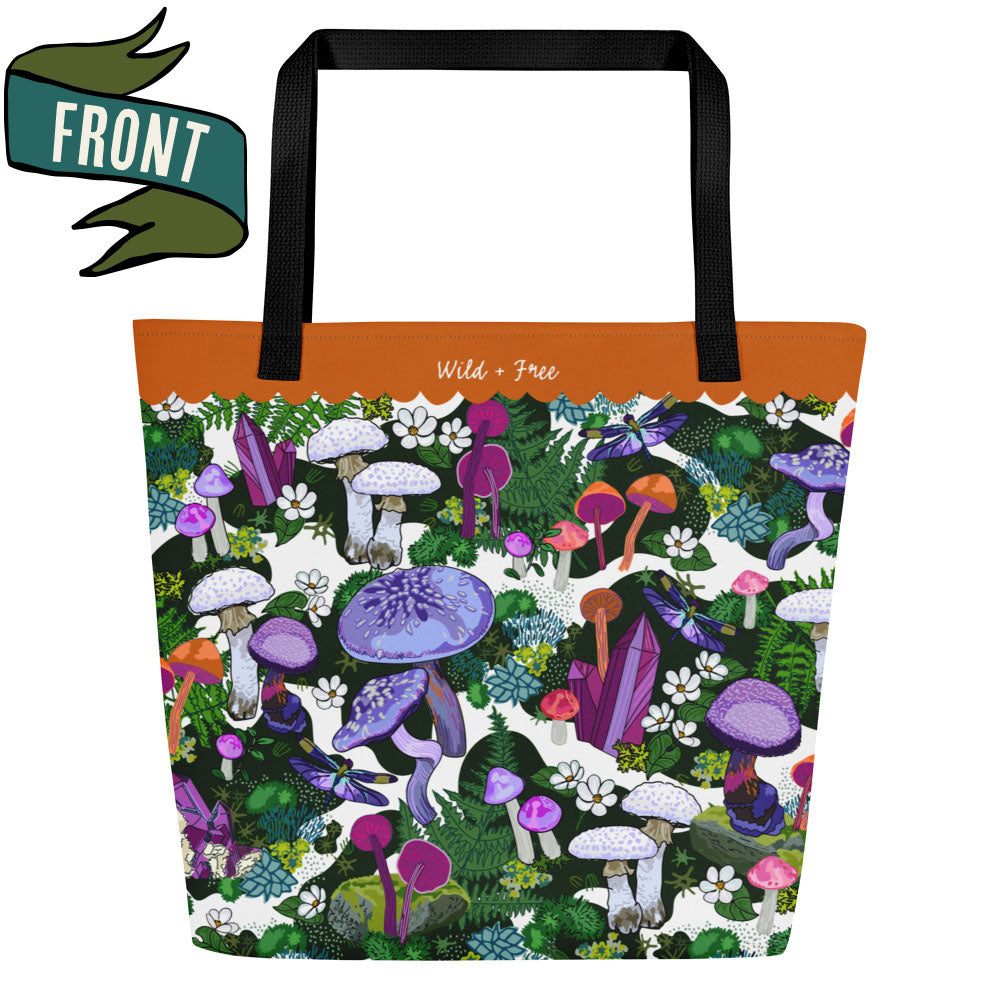 Front view of the Green Mushroom Tote Bag with Large Inside Pocket - Go & Gather Weekender Tote Bag | Outdoor Market Shopping | Forest Art Weekender | Carry-all for Picnics & Pet Gear | Reusable Fabric Bag