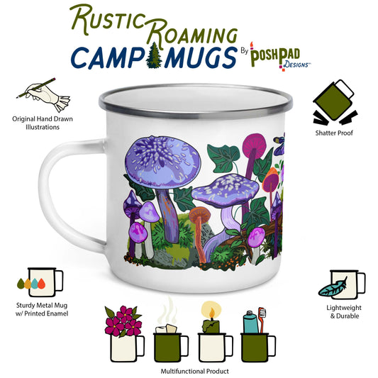 This is an infographic showing the product perks of the mug. Features include original hand-drawn illustration, sturdy metal construction with printed enamel, light-weight, and durable. Product uses include holding flowers, hot drinks, candle holder.