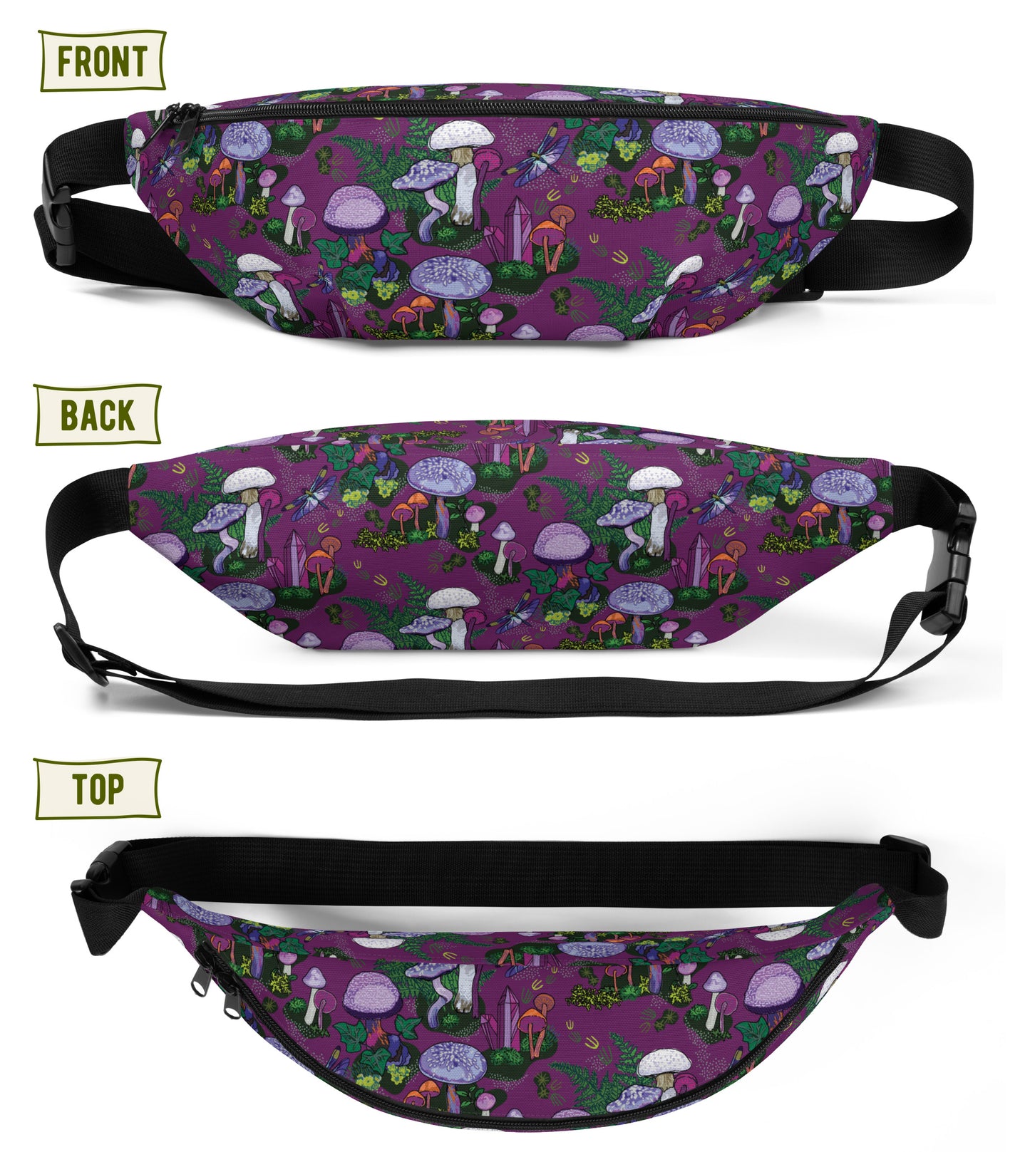 Image shows three views of the hip pack - front, back, and top views.