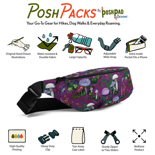 This is an infographic showing a photo of the purple mushroom hip pack with mini illustrations around it. The illustrations show the pack perks like the adjustable strap, extra pocket, large capacity, and water-resistant fabric.