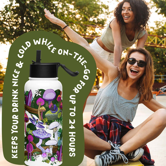 There is a photo of the water bottle laid on top of a green organic shape. The words "Keeps you drink nice & cold while on the go for up to 24 hours" are written around the water bottle. There's a background photo of two women in an urban setting. One woman is pushing the other on a skateboard.