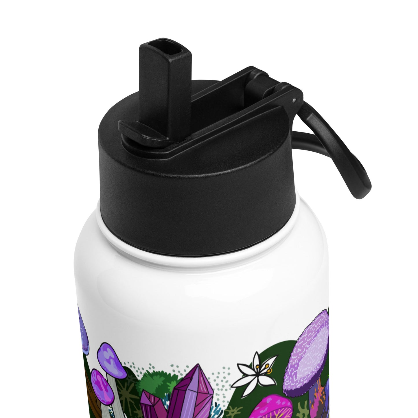 This is a close-up image of the black lid that shows the adjustable handle and the pop-up straw.