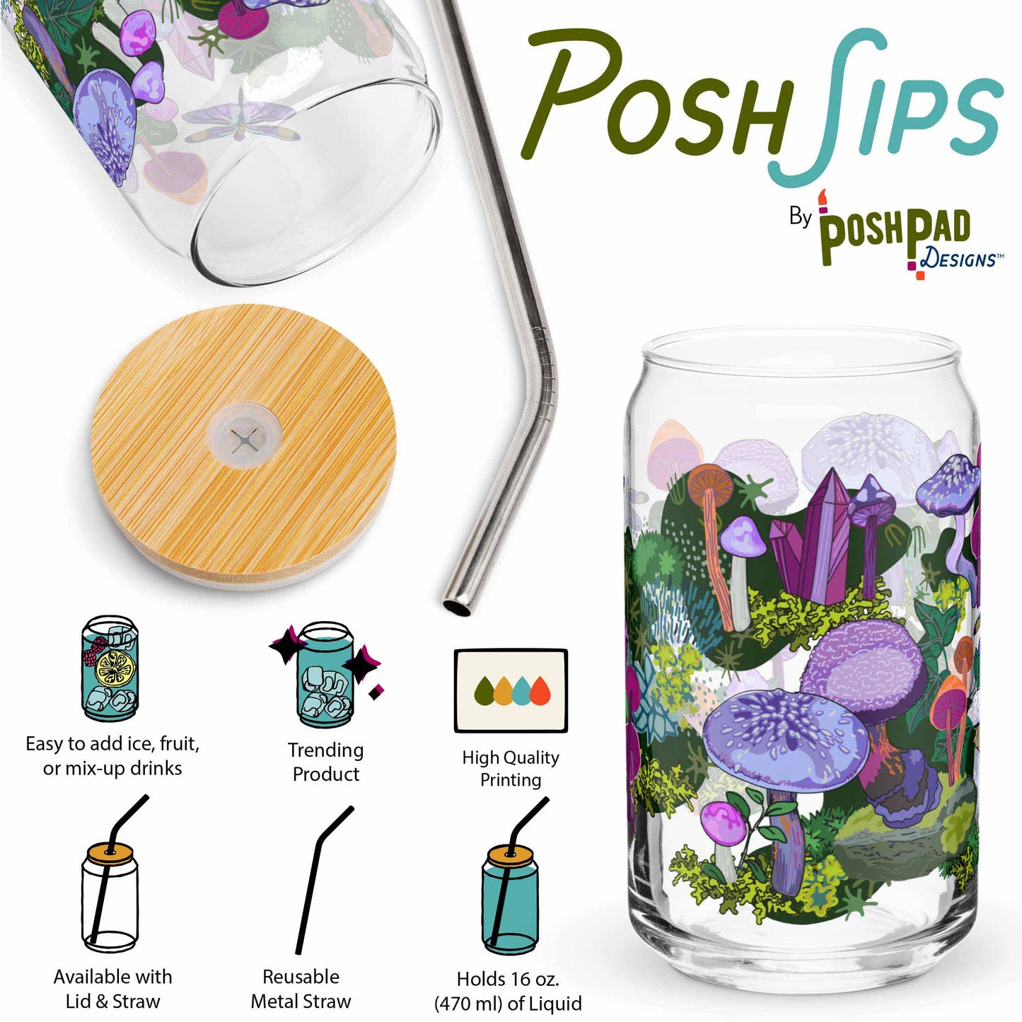 This infographic shows an angle of the glass with the lid and straw sitting beside it and a photo of the glass by itself. Product perks include a wide top that makes it easy to add ice and fruit, high-quality printing, an available option with a reusable metal straw and eco-friendly bamboo lid, and it holds 16 ounces of liquid.