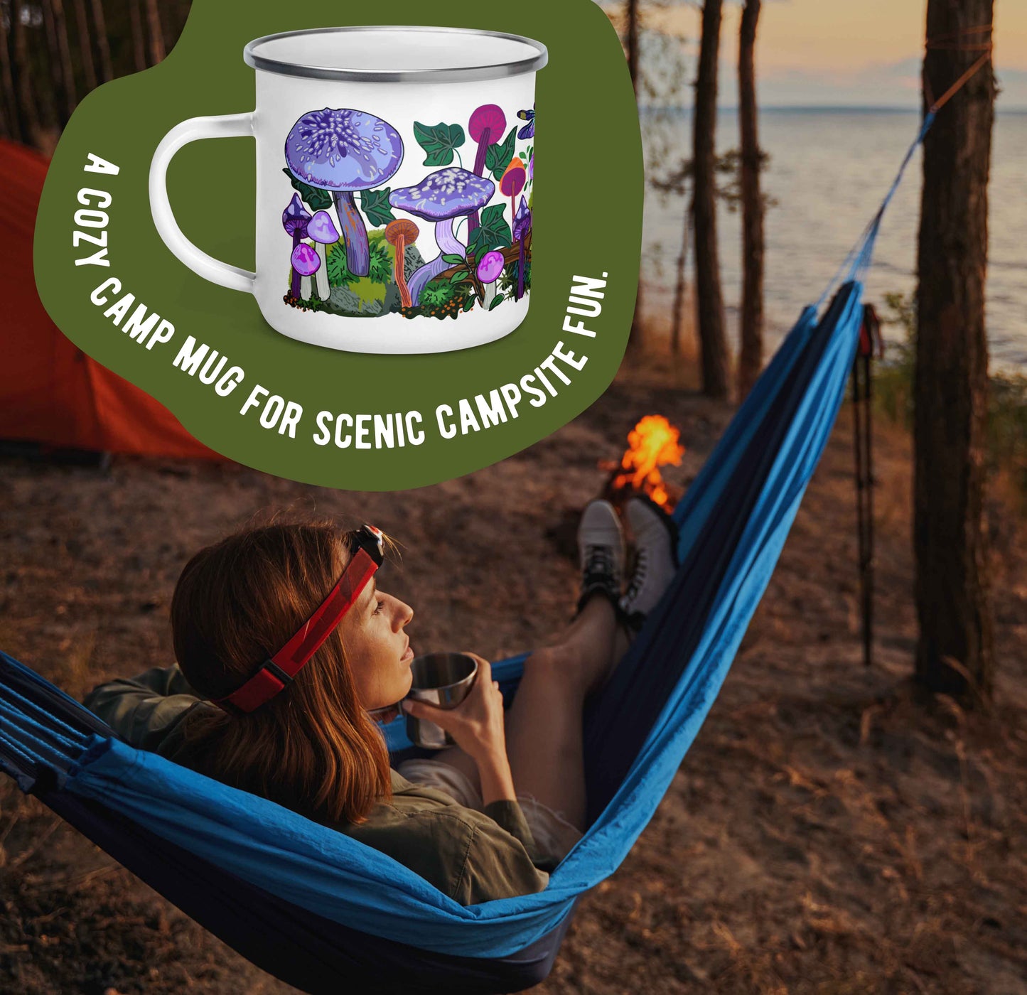 Female camper laying in a hammock by a lake with a red tent. There is a graphic at the top of a green organic shape around a photo of the mug. The words "A cozy camp mug for scenic campsite fun."