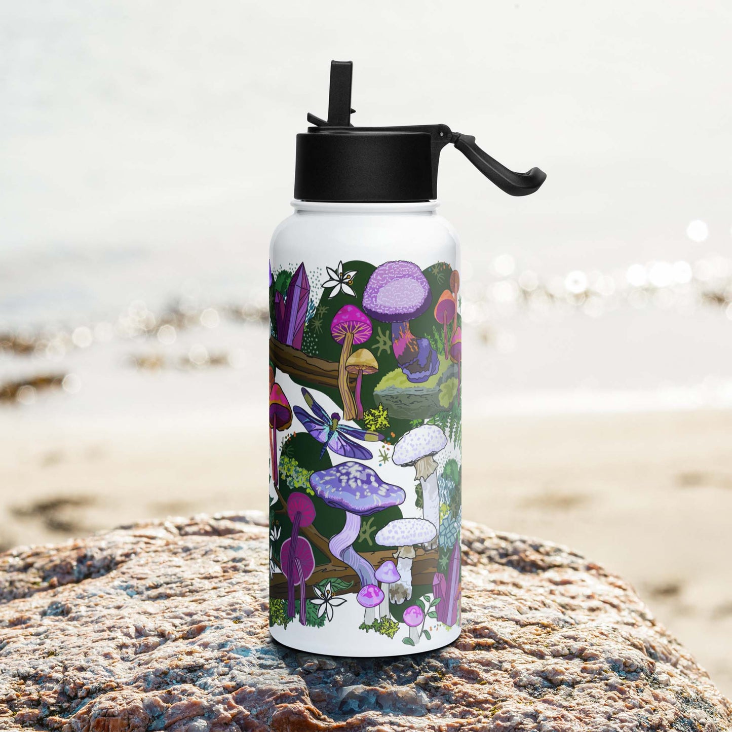 Right side of the Purple Mushroom Insulated Water Bottle with Straw Lid | Wild Mountain Mushrooms Forest Art | Outdoorsy Girl Gift