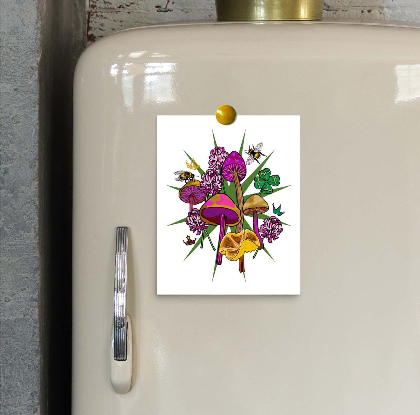 Queen Bee, Clovers, and Mushrooms art print hung on a vintage refrigerator door with a magnet.
