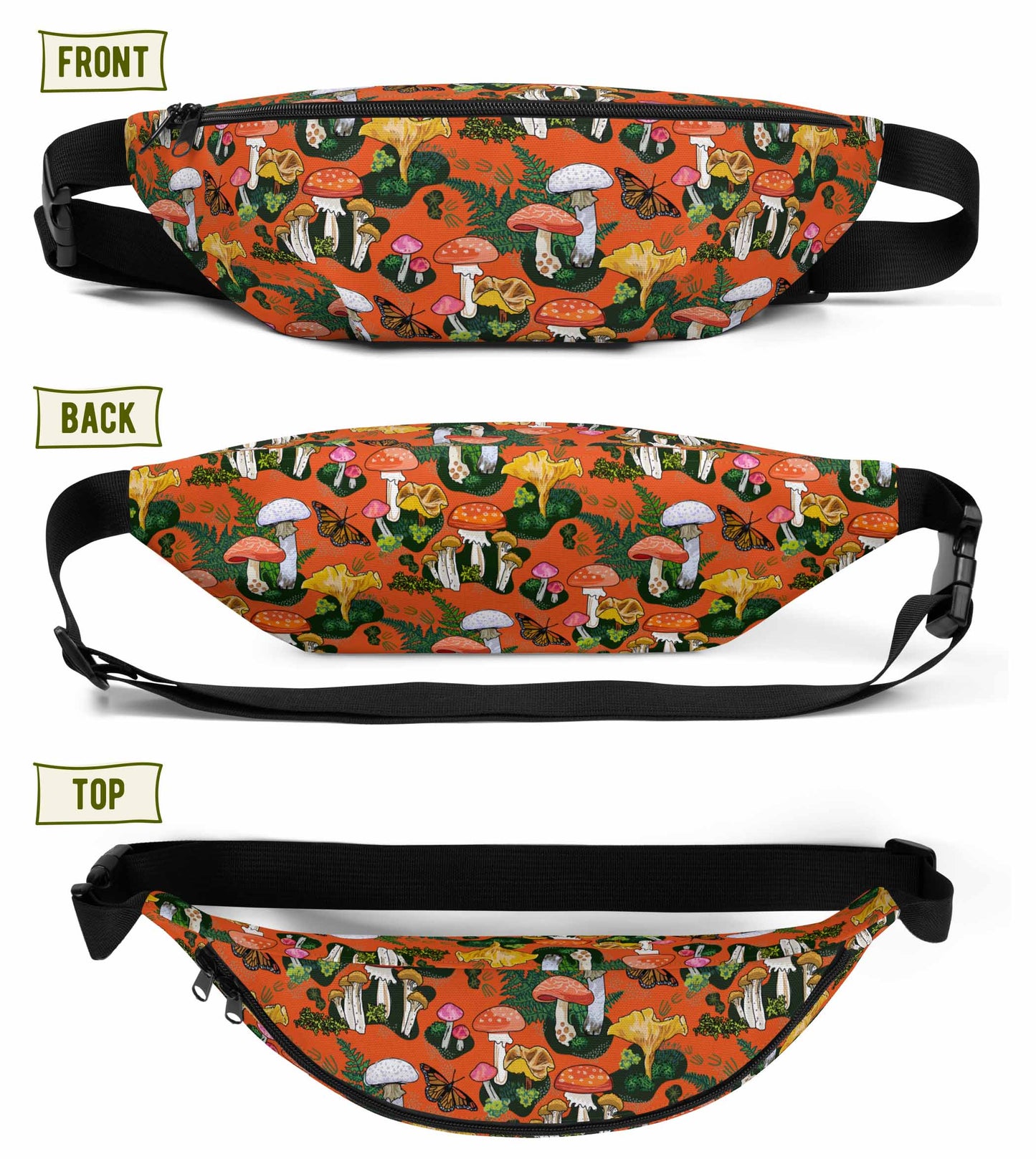 Image shows three views of the hip pack - front, back, and top views.