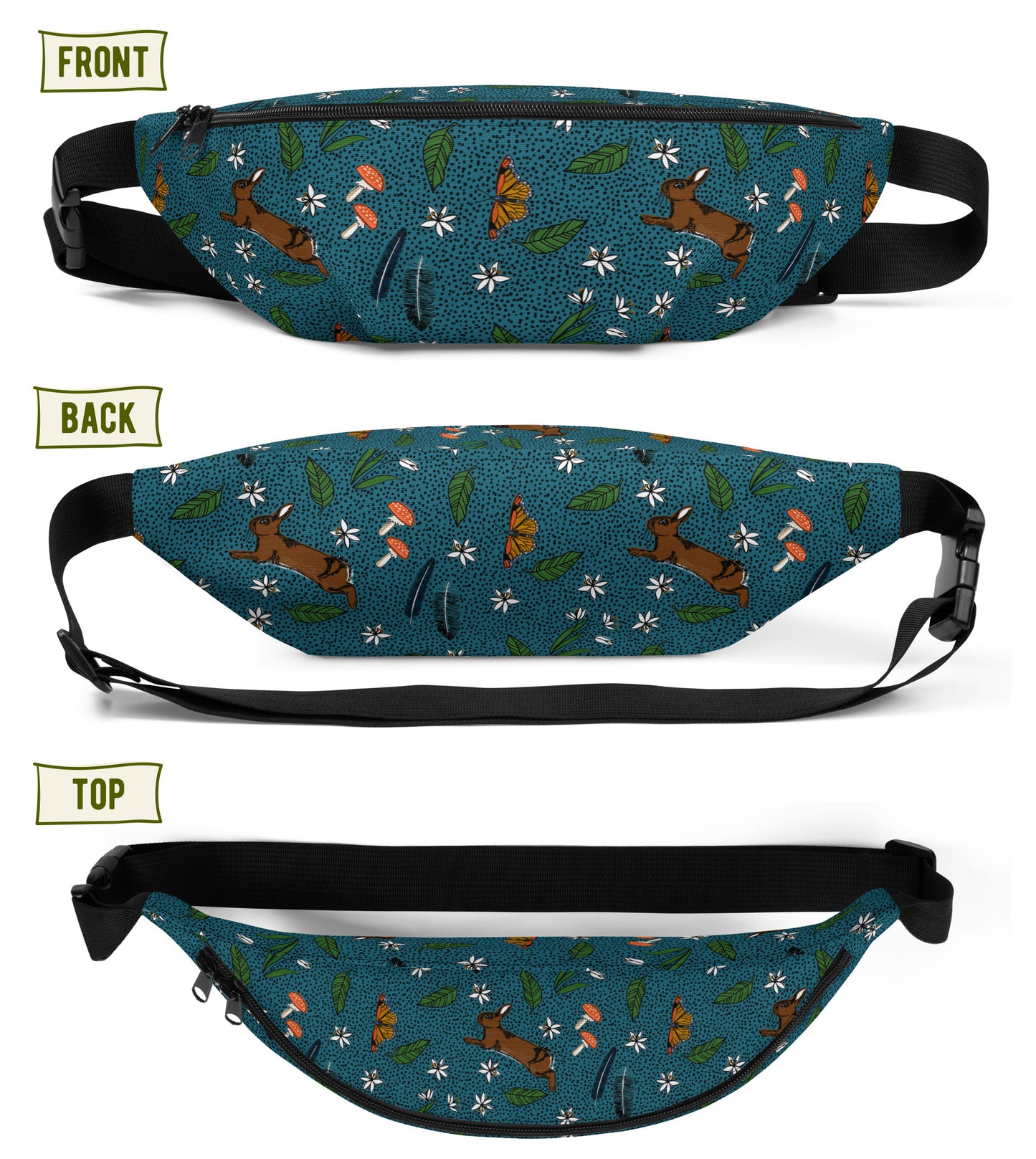 Image of the pack from different angles showing the front, back, and top.