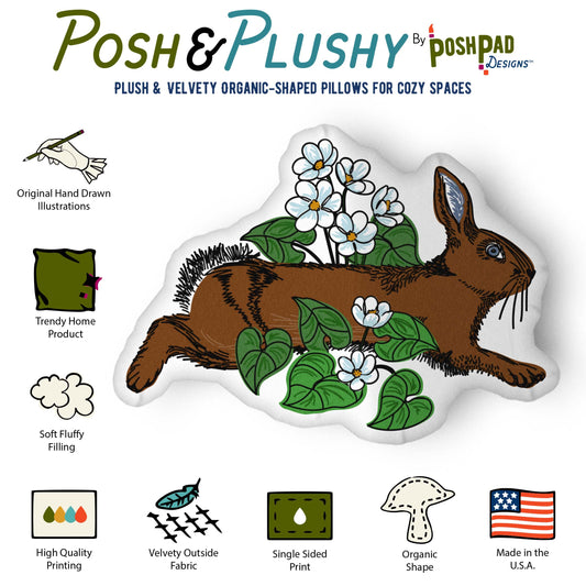 This is an infographic showing the pillow perks. Those perks include hand-drawn illustration, trending home product, soft fluffy filling, high-quality printing, velvety fabric, organic shape, and made in the U.S.A.