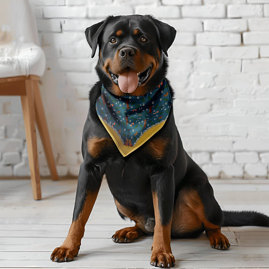 A brown and black dog wearing the rabbit meadow bandana around her neck. She's in a cozy white boho-style room.