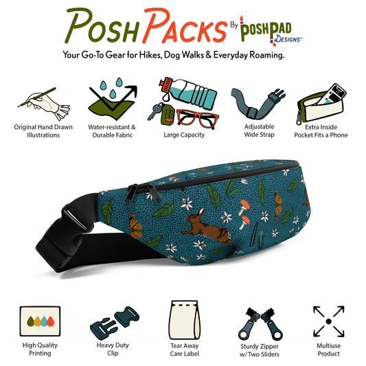 This is an infographic showing a photo of the pack with mini illustrations around it. The illustrations show the pack perks like the adjustable strap, extra pocket, large capacity, and water-resistant fabric.