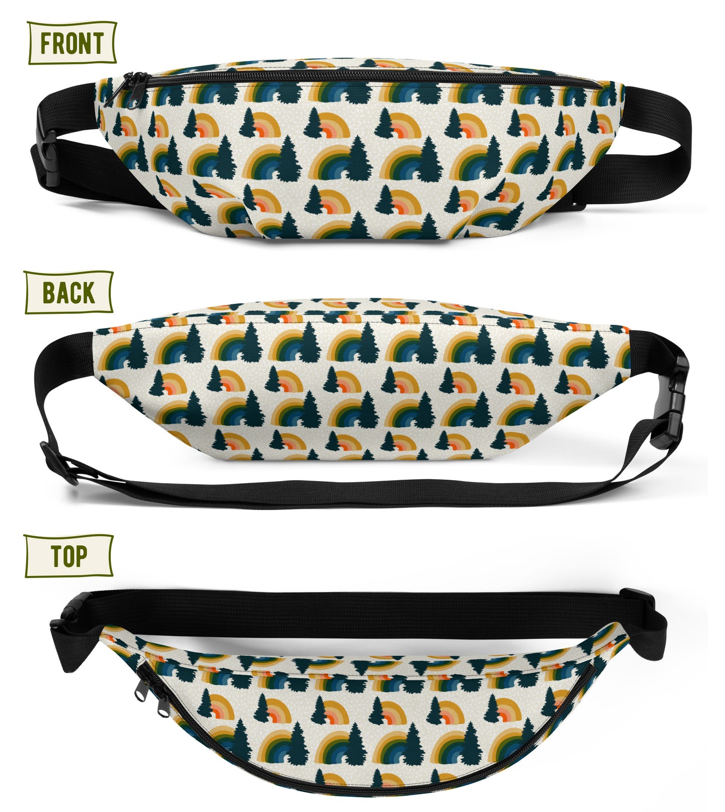 Image of the pack from different angles showing the front, back, and top.