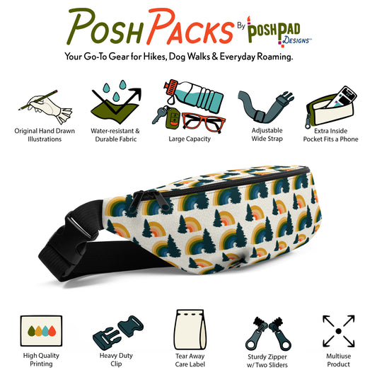 This is an infographic showing a photo of the pack with mini illustrations around it. The illustrations show the pack perks like the adjustable strap, extra pocket, large capacity, and water-resistant fabric.