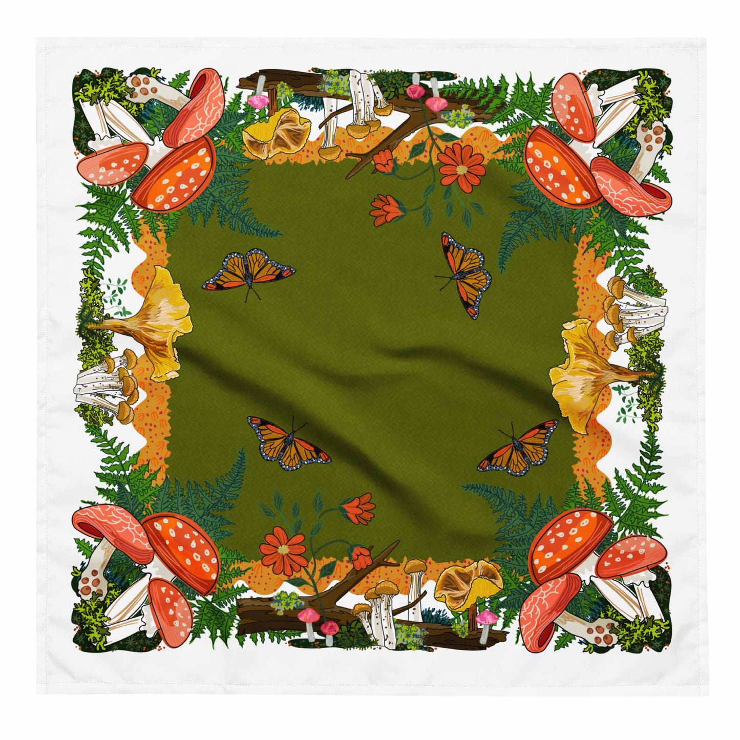 Red Mushrooms and Moth Eco-Friendly Bandana | Head Scarf | Eco-friendly Recycled Material | SPF Protection | Large Size