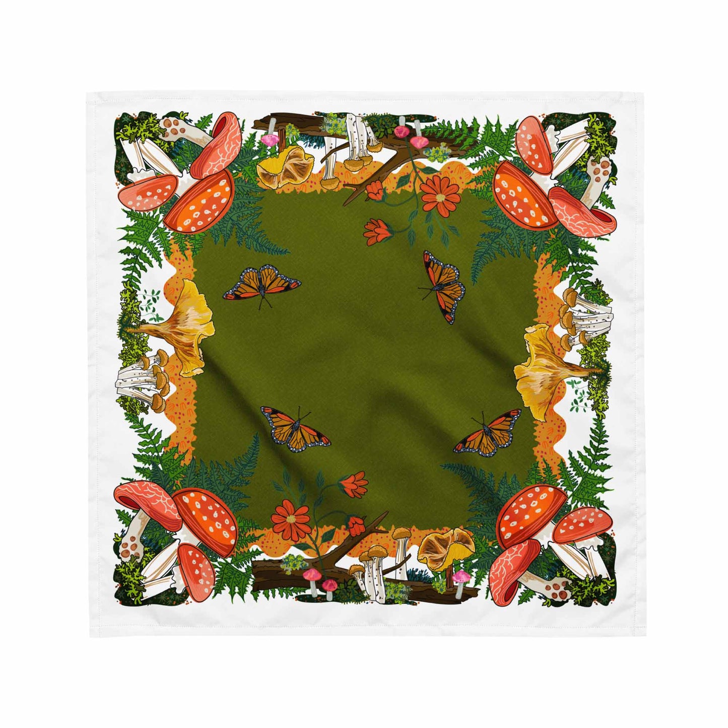 Red Mushrooms and Moth Eco-Friendly Bandana | Head Scarf | Eco-friendly Recycled Material | SPF Protection | Medium Size