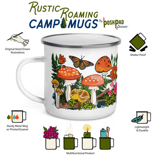 This is an infographic showing the product perks of the mug. Features include original hand-drawn illustration, sturdy metal construction with printed enamel, light-weight, and durable. Product uses include holding flowers, hot drinks, candle holder.