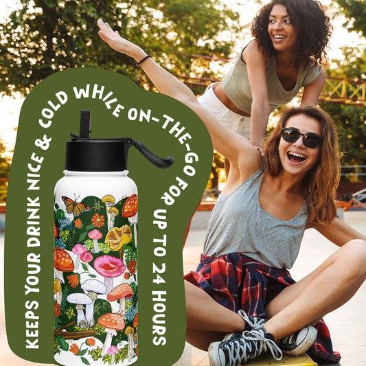 There is a photo of the water bottle laid on top of a green organic shape. The words "Keeps you drink nice & cold while on the go for up to 24 hours" are written around the water bottle. There's a background photo of two women in an urban setting. One woman is pushing the other on a skateboard.