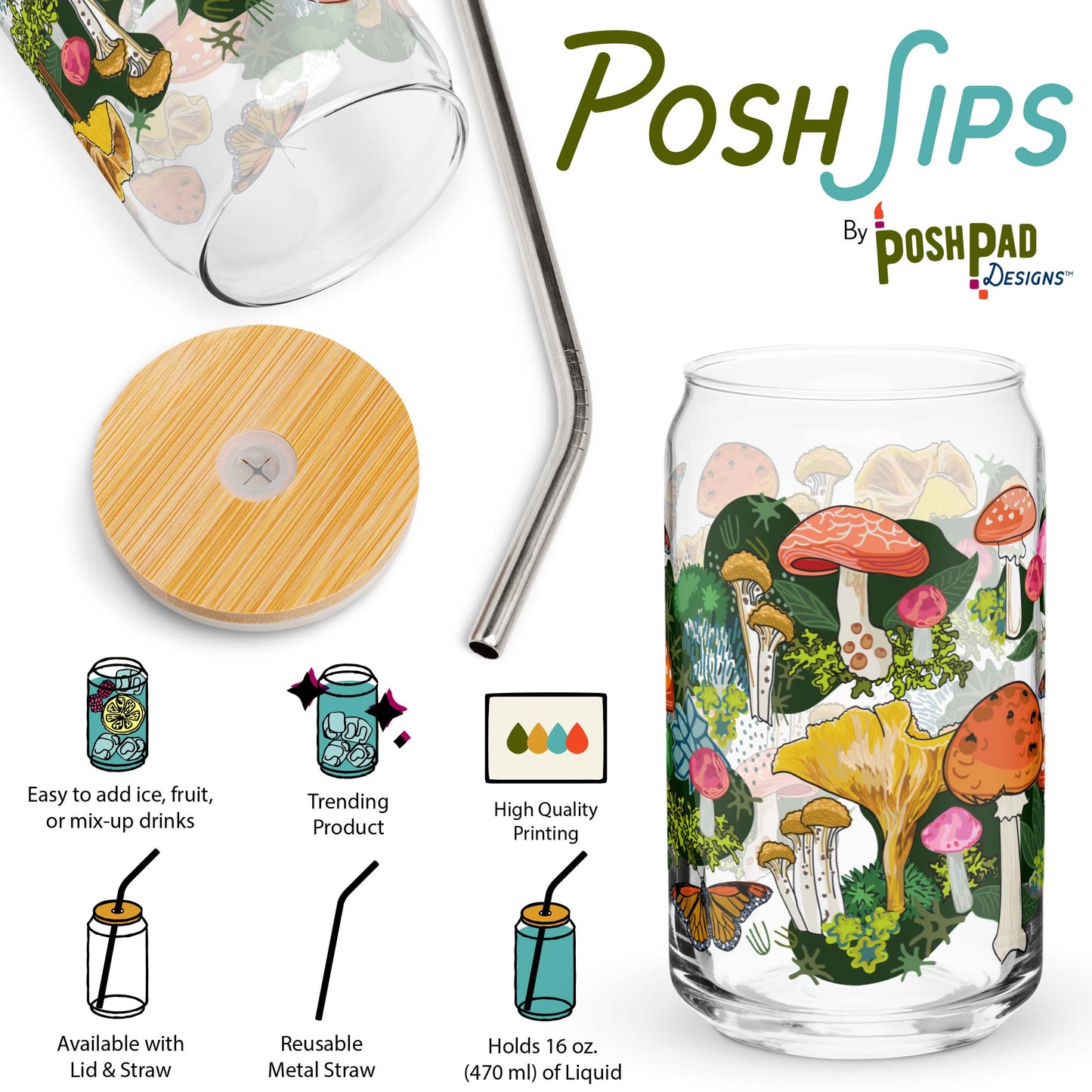 This infographic shows an angle of the glass with the lid and straw sitting beside it and a photo of the glass by itself. Product perks include a wide top that makes it easy to add ice and fruit, high-quality printing, an available option with a reusable metal straw and eco-friendly bamboo lid, and it holds 16 ounces of liquid.