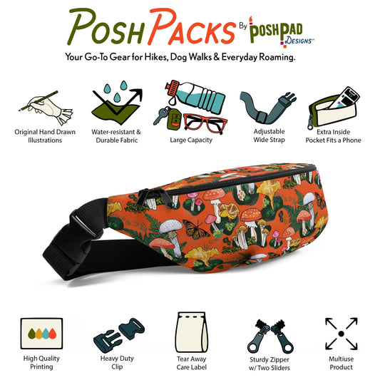 This is an infographic showing a photo of the red mushroom hip pack with mini illustrations around it. The illustrations show the pack perks like the adjustable strap, extra pocket, large capacity, and water-resistant fabric.