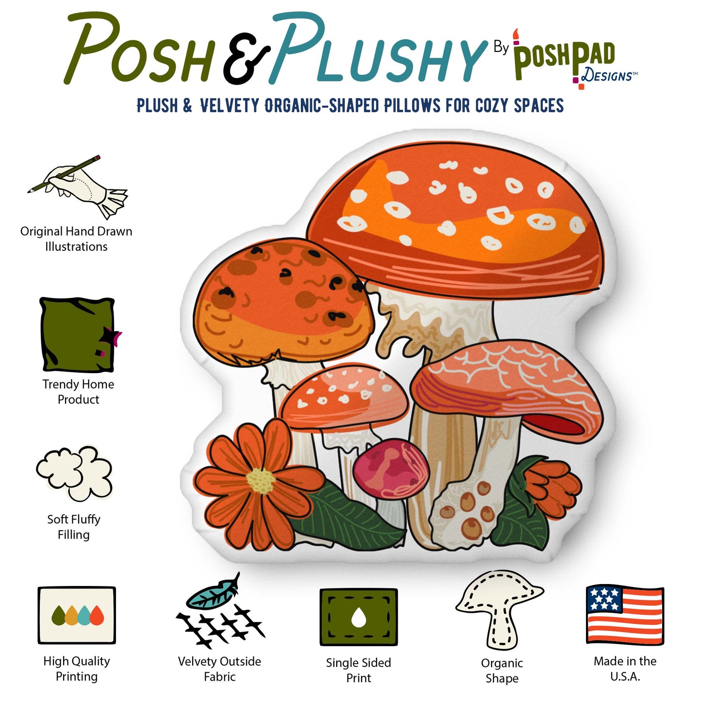 This is an infographic showing the pillow perks. Those perks include hand-drawn illustration, trending home product, soft fluffy filling, high-quality printing, velvety fabric, organic shape, and made in the U.S.A.