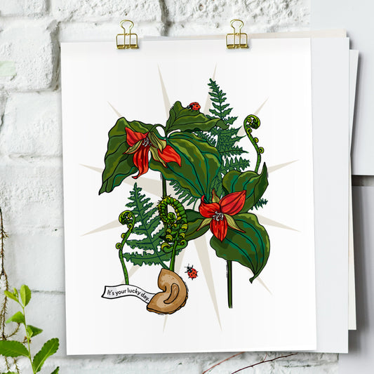 Trillium Flower art print hanging from a white bring wall with gold clips.