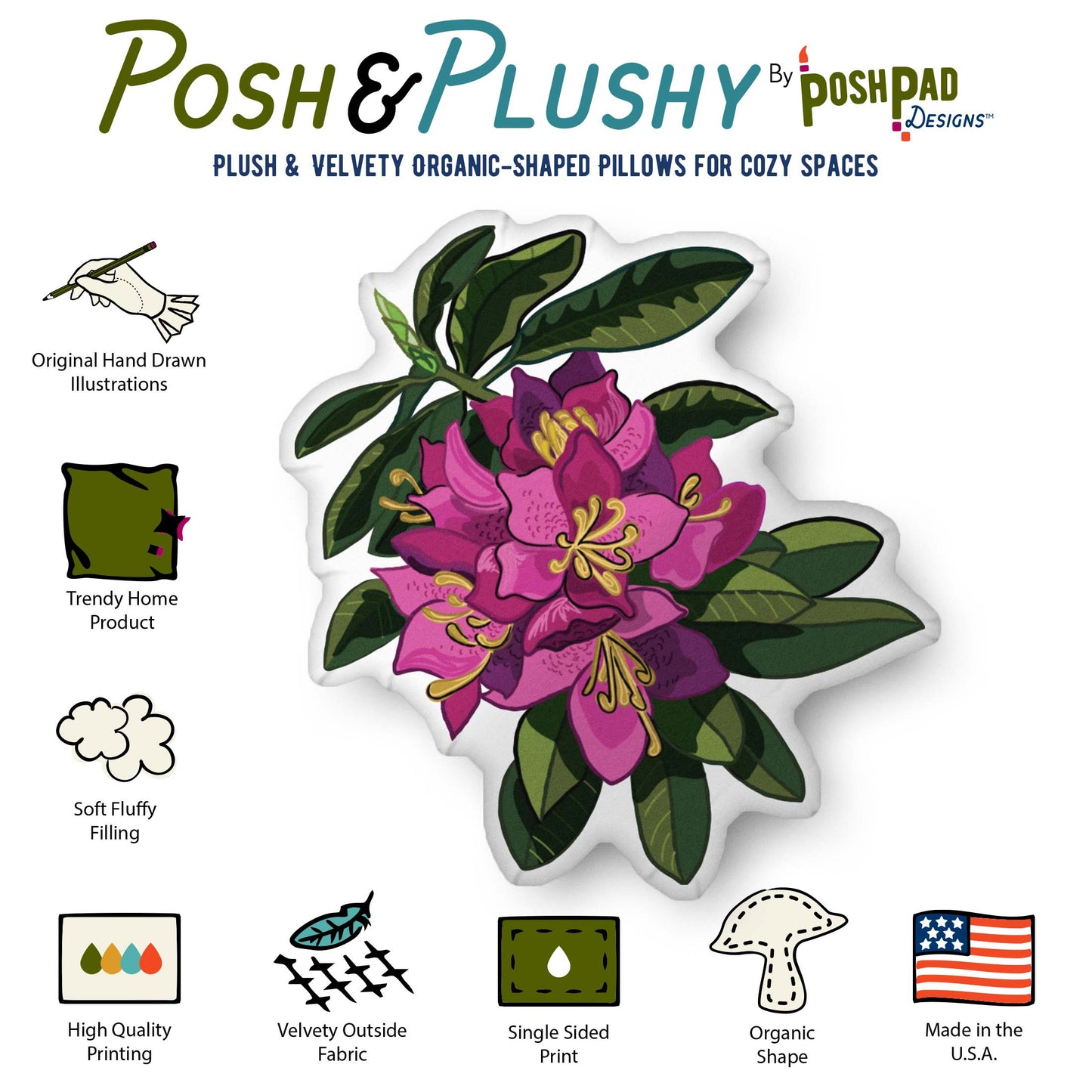 This is an infographic showing the pillow perks. Those perks include hand-drawn illustration, trending home product, soft fluffy filling, high-quality printing, velvety fabric, organic shape, and made in the U.S.A.