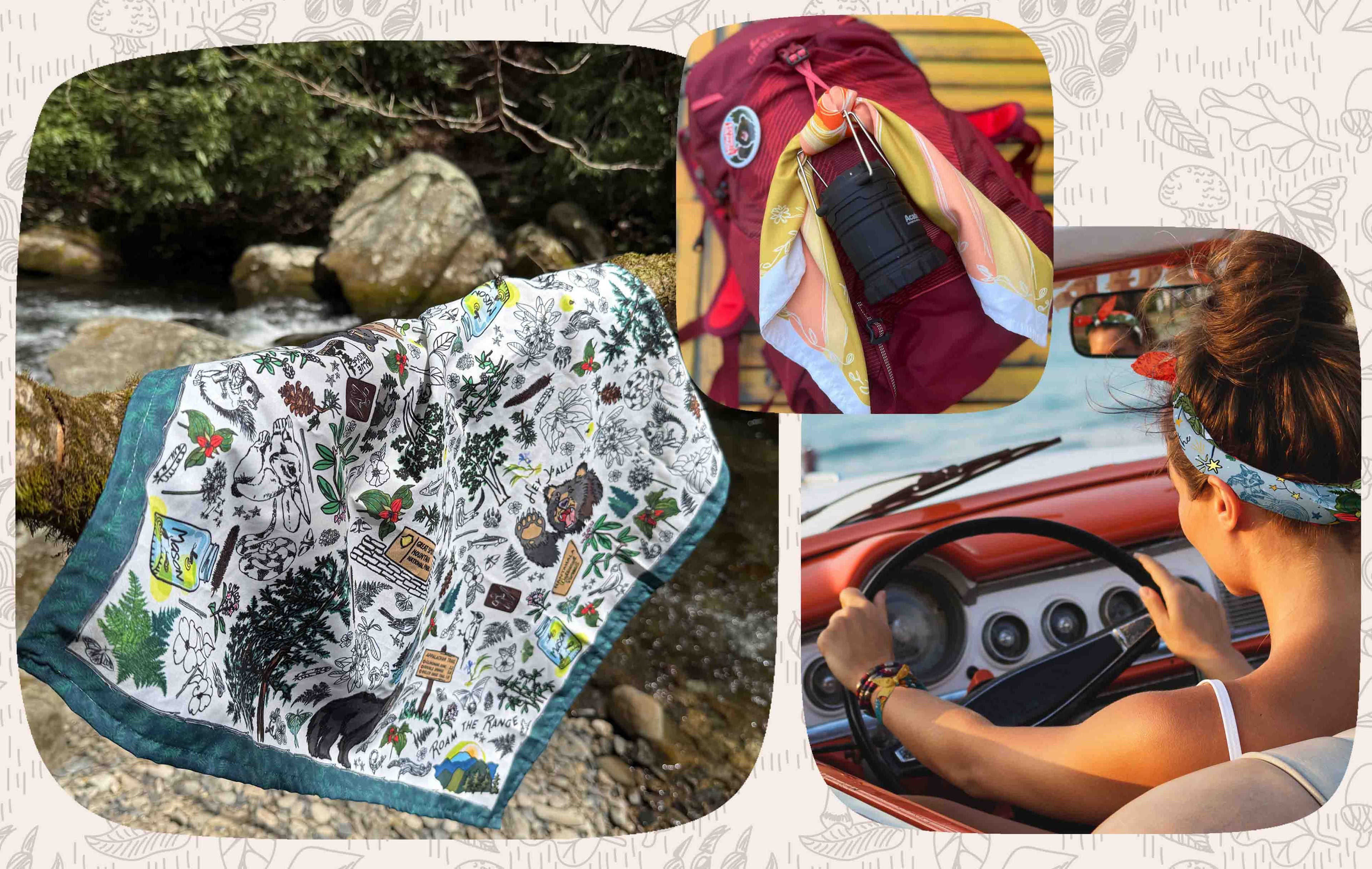 This is a collage style image. The background is a pattern of bear paw prints, mushrooms, butterflies, and leaves. There are three photo layered over that. The first photo shows the Smokies bandana hanging on a tree in the woods. The second photo is the Terracotta Sun bandana on a backpack. The third image shows the Aquarius Stars bandana being worn as a head wrap by a young woman in a red convertible.