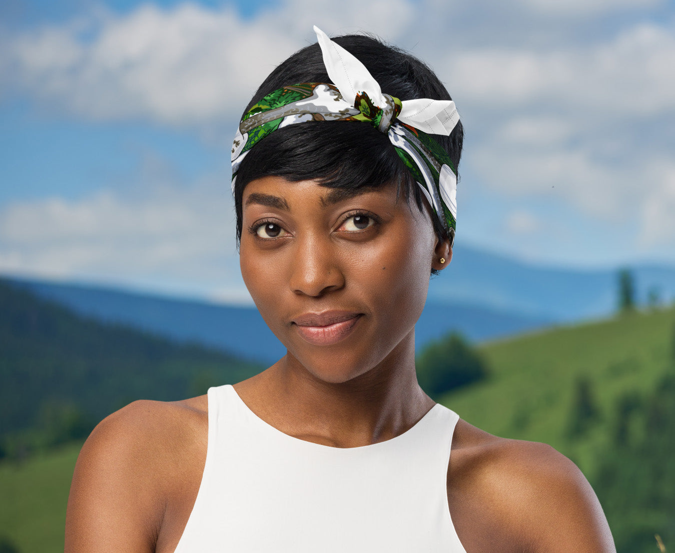 Woman wearing the bandana as head wrap.