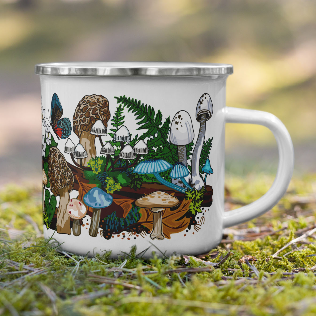 White mushroom mug on moss.