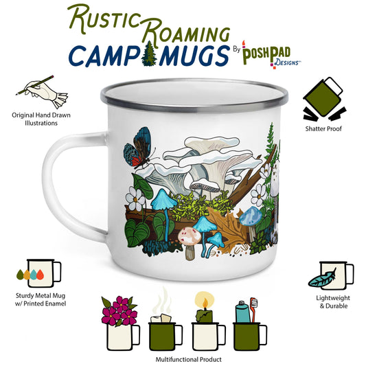 This is an infographic showing the product perks of the mug. Features include original hand-drawn illustration, sturdy metal construction with printed enamel, light-weight, and durable. Product uses include holding flowers, hot drinks, candle holder.