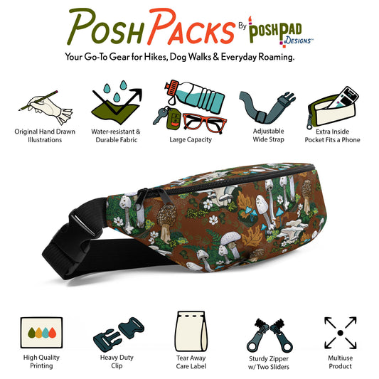 This is an infographic showing a photo of the white mushroom hip pack with mini illustrations around it. The illustrations show the pack perks like the adjustable strap, extra pocket, large capacity, and water-resistant fabric.