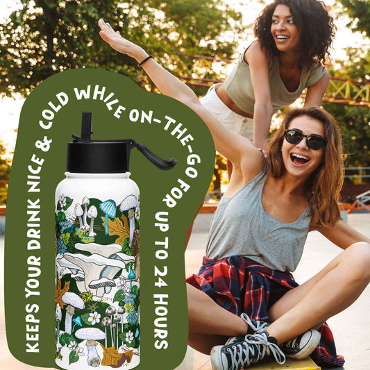 There is a photo of the water bottle laid on top of a green organic shape. The words "Keeps you drink nice & cold while on the go for up to 24 hours" are written around the water bottle. There's a background photo of two women in an urban setting. One woman is pushing the other on a skateboard.
