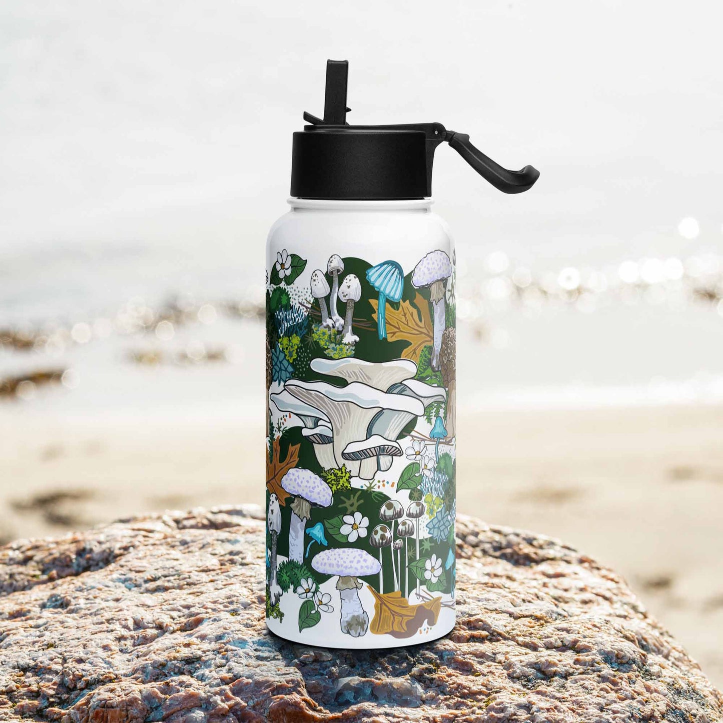 Right side of the White Mushroom Insulated Water Bottle with Straw Lid | Wild Mountain Mushrooms Forest Art | Outdoorsy Girl Gift